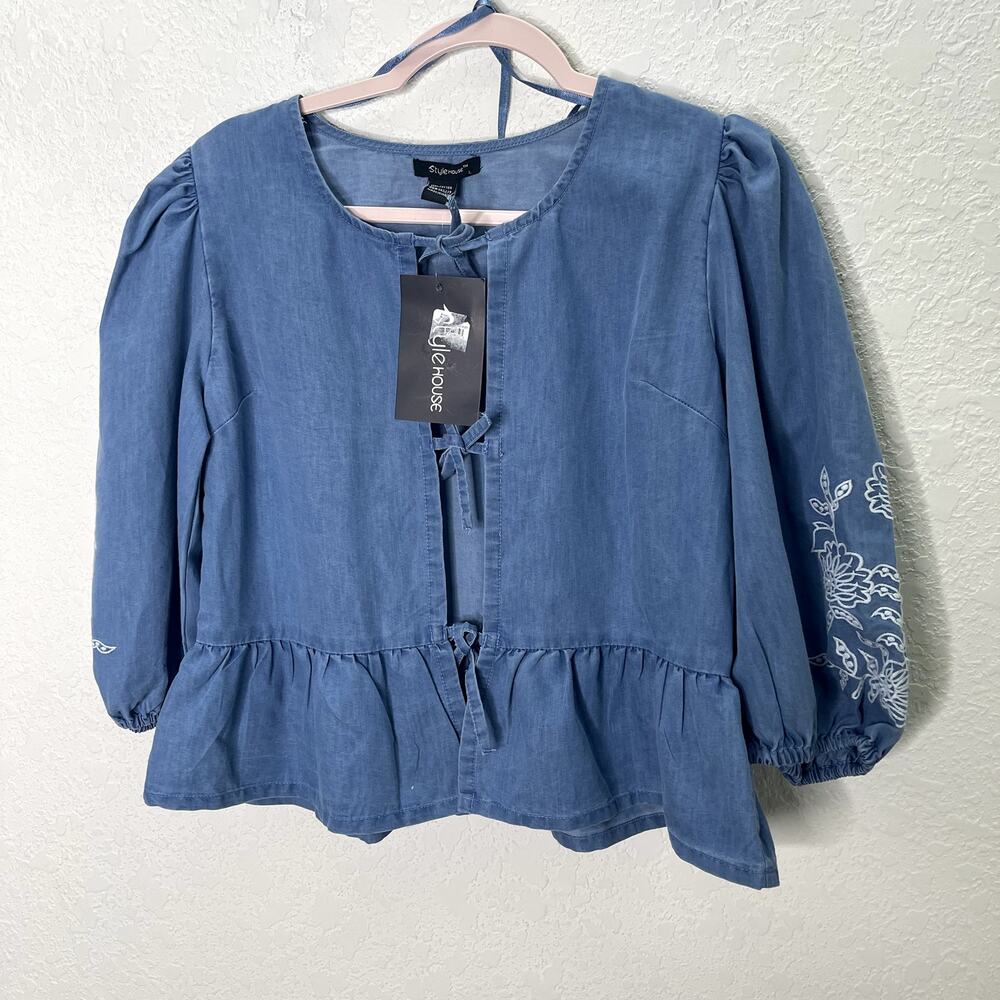Style House Womens L NWT Blue Embroidered Puff Sleeve Tie Front Boho Blouse